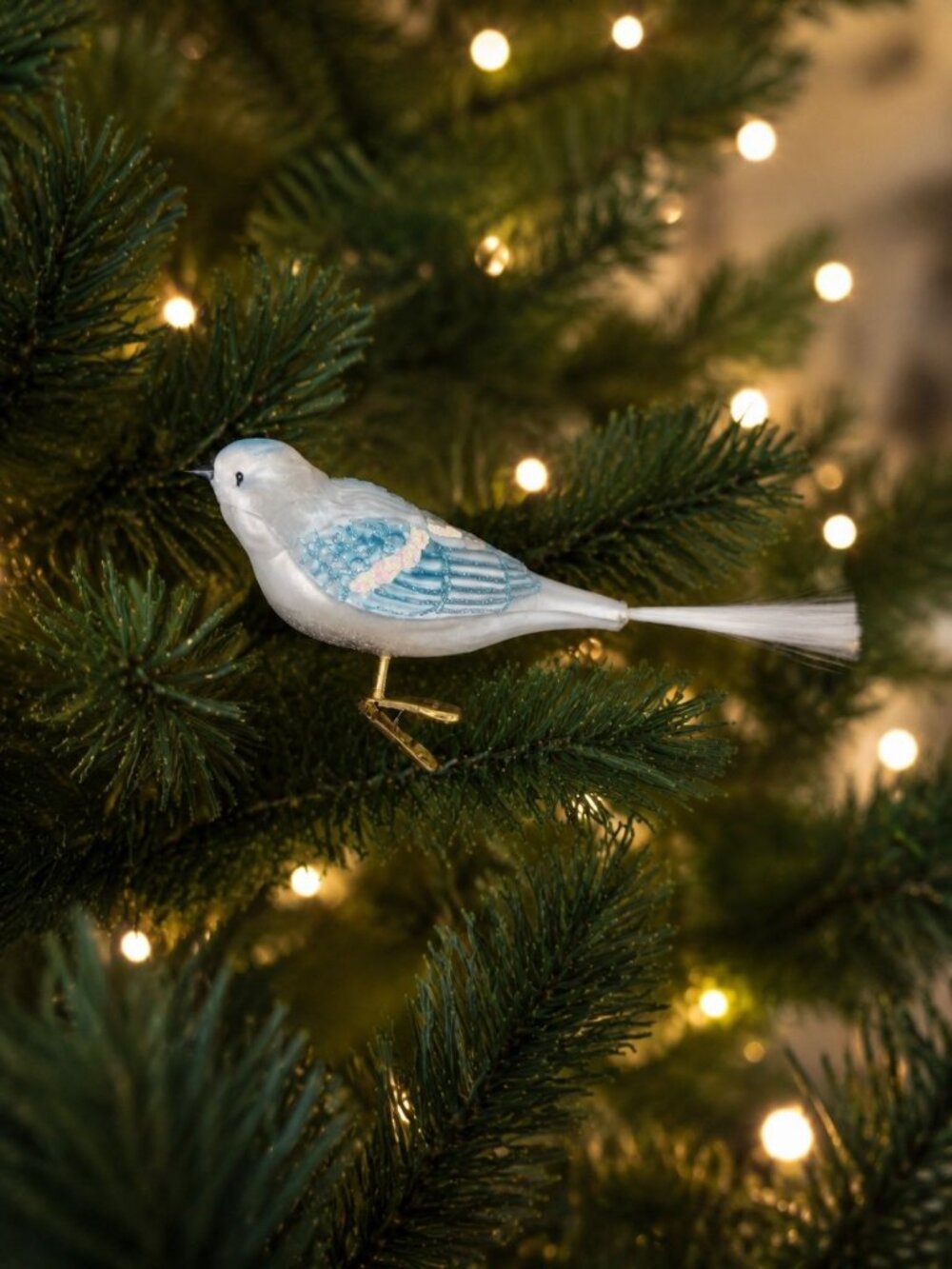 Vintage OWC Clip On Bird Christmas Ornament Frosted Glitter Spun Tail Decor